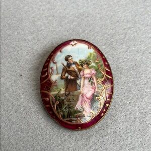 Vintage Oval Brooch with Couple Scene